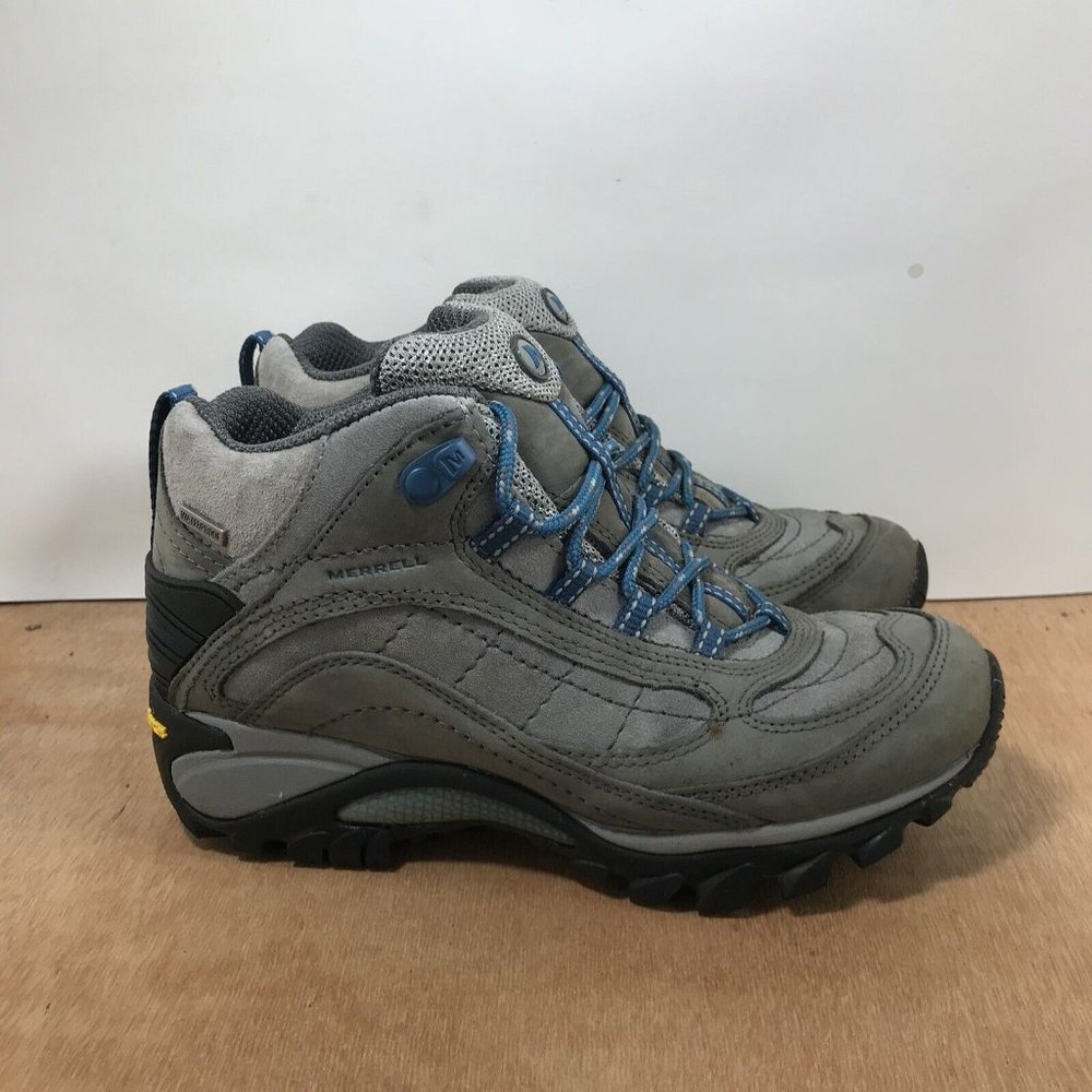 Merrell Gray Suede & Mesh Hiking Booties with Blue Laces